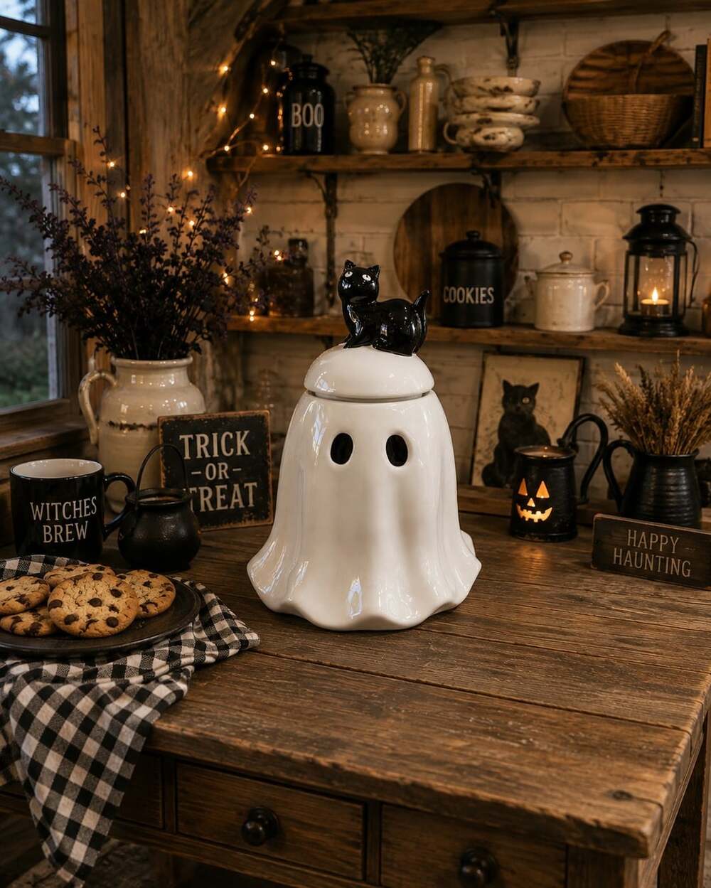 New Halloween WHITE Ghost W/ Black Cat On Head Holiday Cookie Jar Kitchen